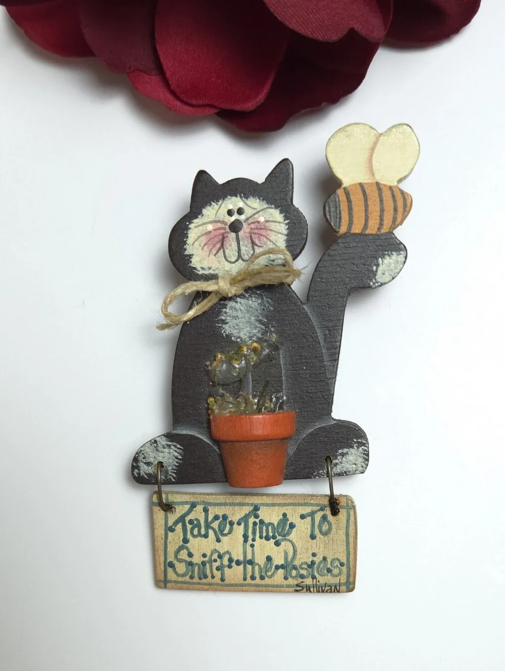 Handmade Wood Black Cat Bee & Flower Pot Take Time To Sniff the Rosies Sullivan